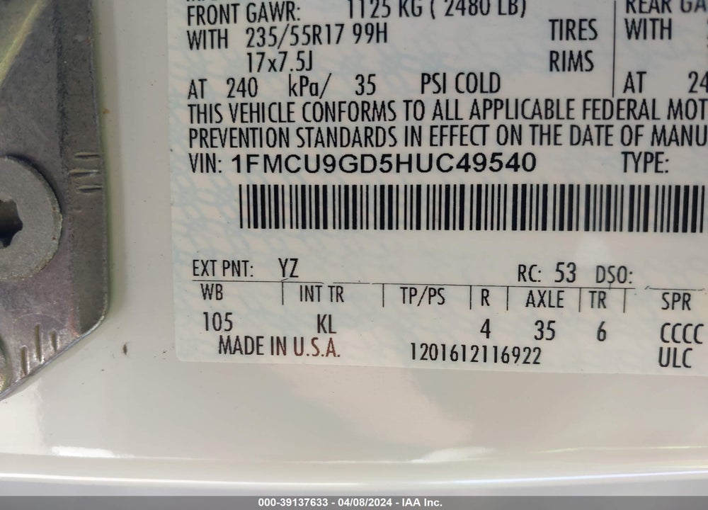 2017 FORD ESCAPE SE VIN: 1FMCU9GD5HUC49540