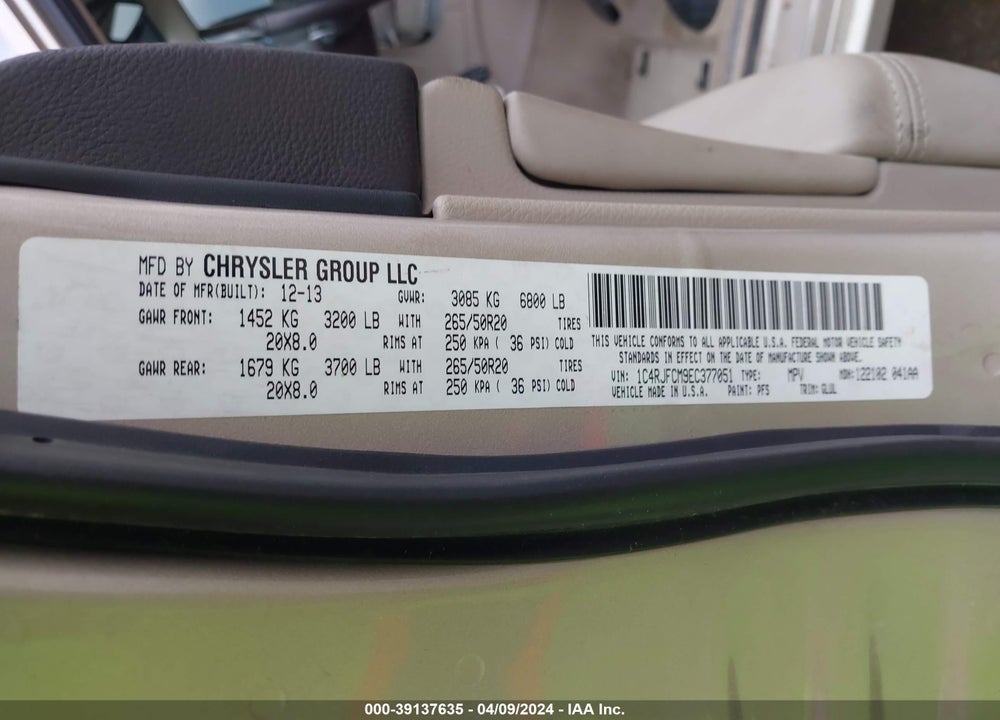 2014 JEEP GRAND CHEROKEE VIN: 1C4RJFCM9EC377051