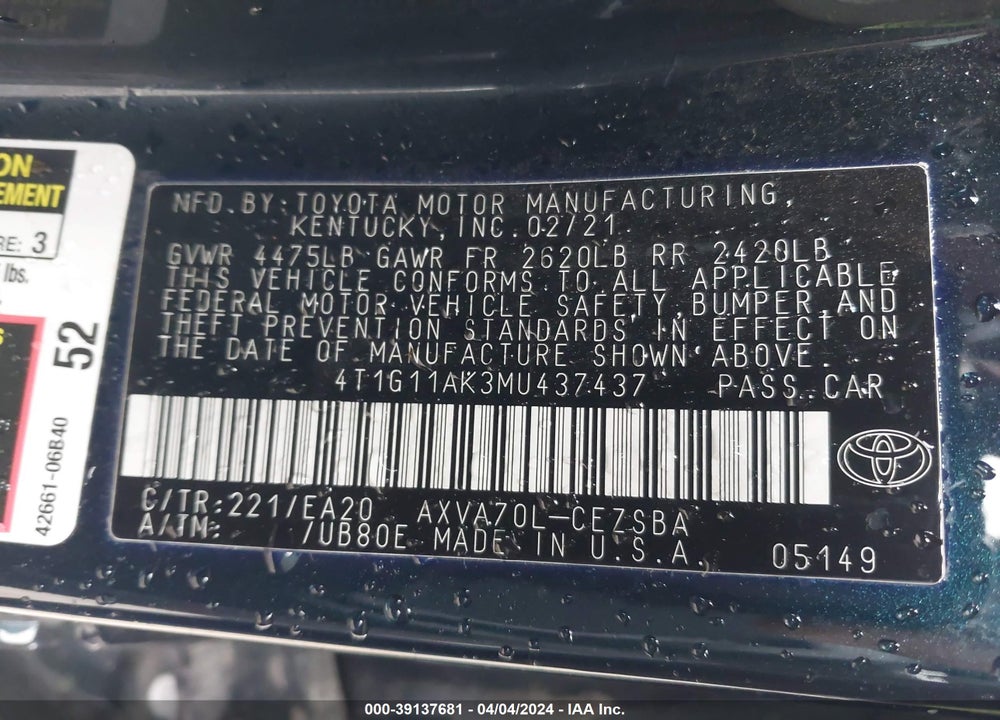 2021 TOYOTA CAMRY SE VIN: 4T1G11AK3MU437437