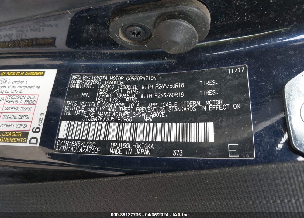 2018 LEXUS 460 VIN: JTJBM7FX3J5191960