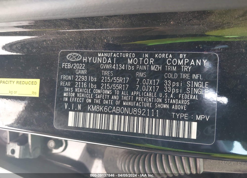 2022 HYUNDAI KONA SEL VIN: KM8K6CAB0NU892111