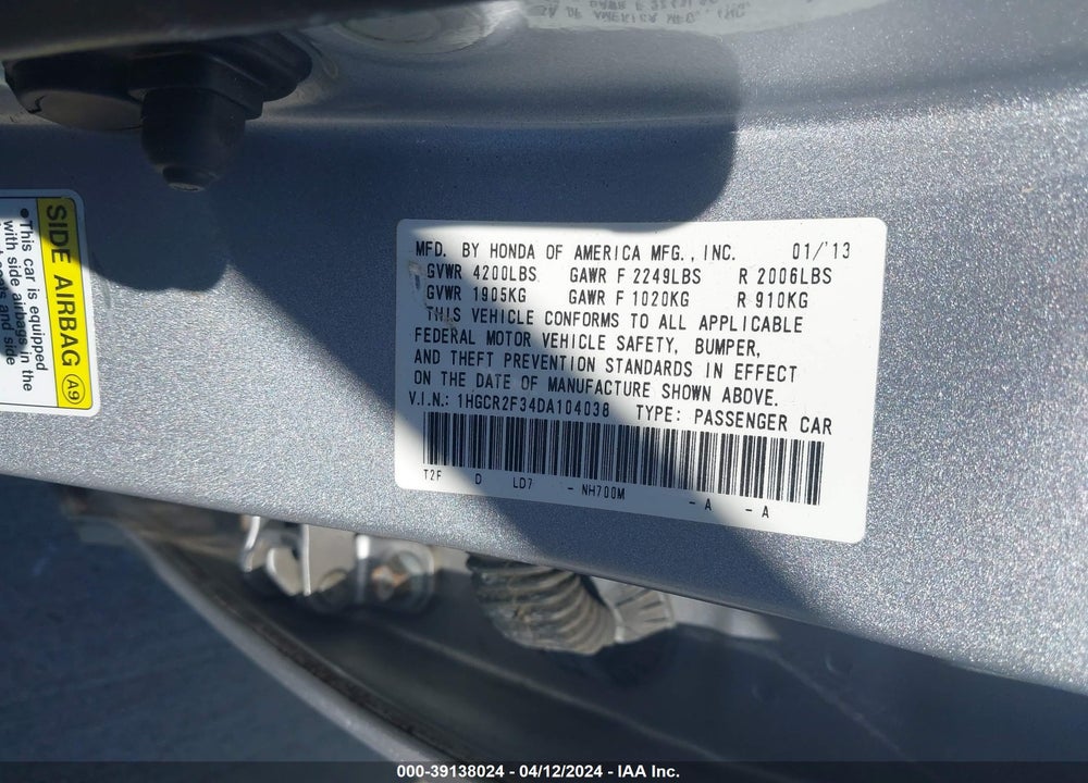2013 HONDA ACCORD LX VIN: 1HGCR2F34DA104038