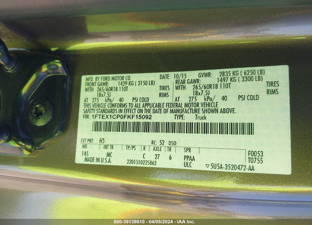 2015 FORD F-150 XLT VIN: 1FTEX1CP0FKF15092