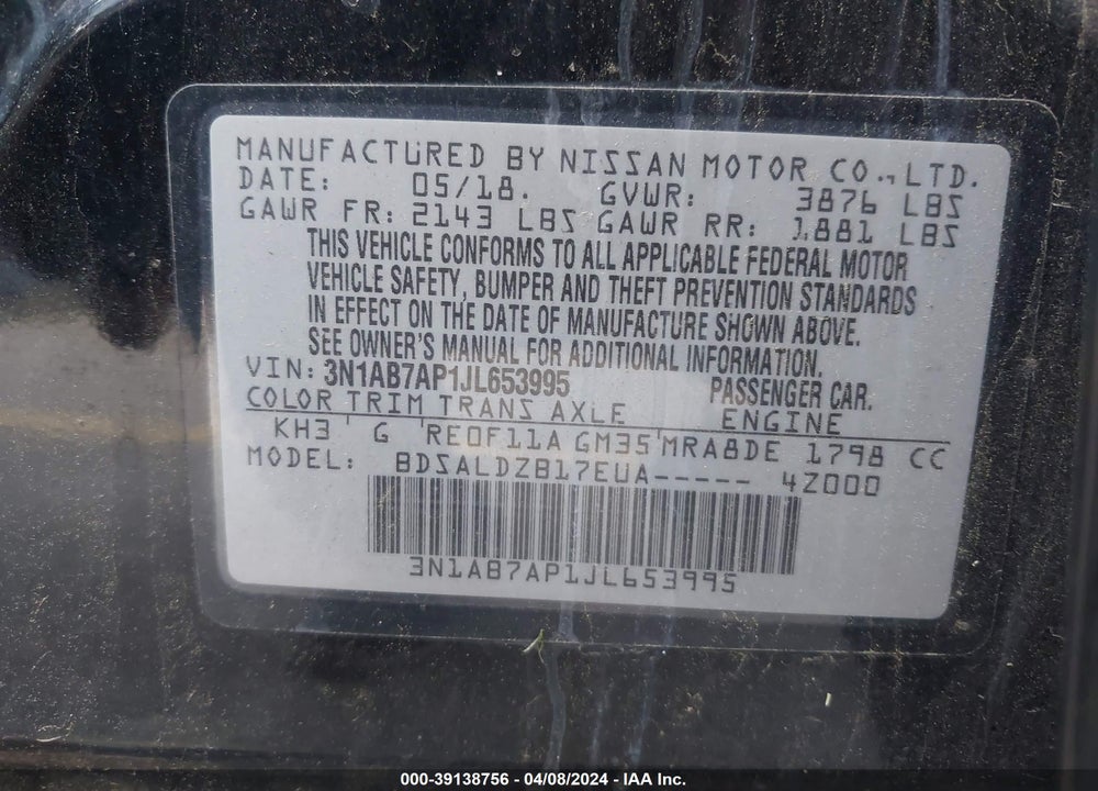 2018 NISSAN SENTRA SV VIN: 3N1AB7AP1JL653995