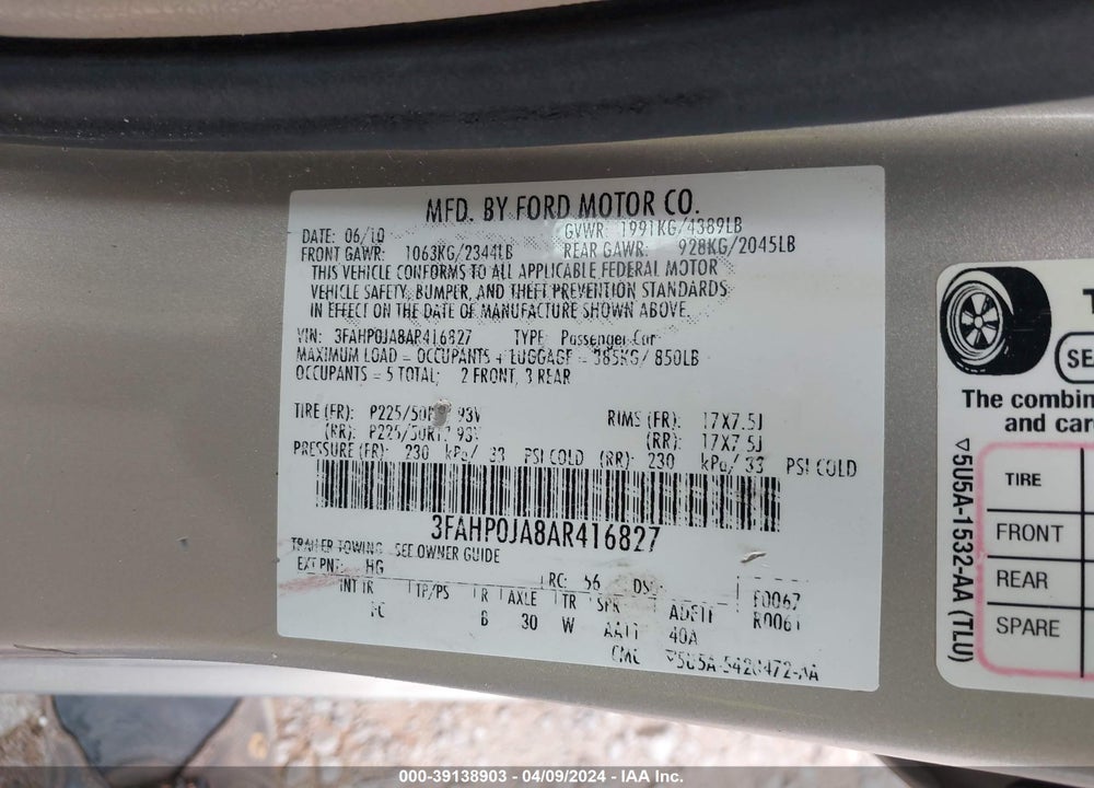 2010 FORD FUSION SEL VIN: 3FAHP0JA8AR416827