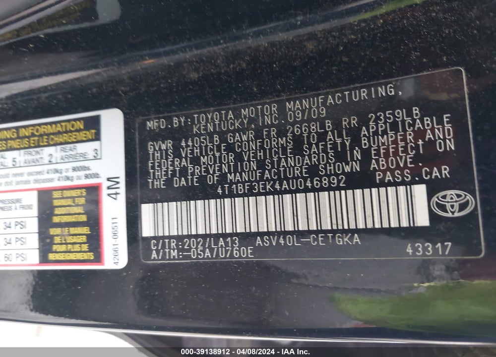 2010 TOYOTA CAMRY XLE VIN: 4T1BF3EK4AU046892