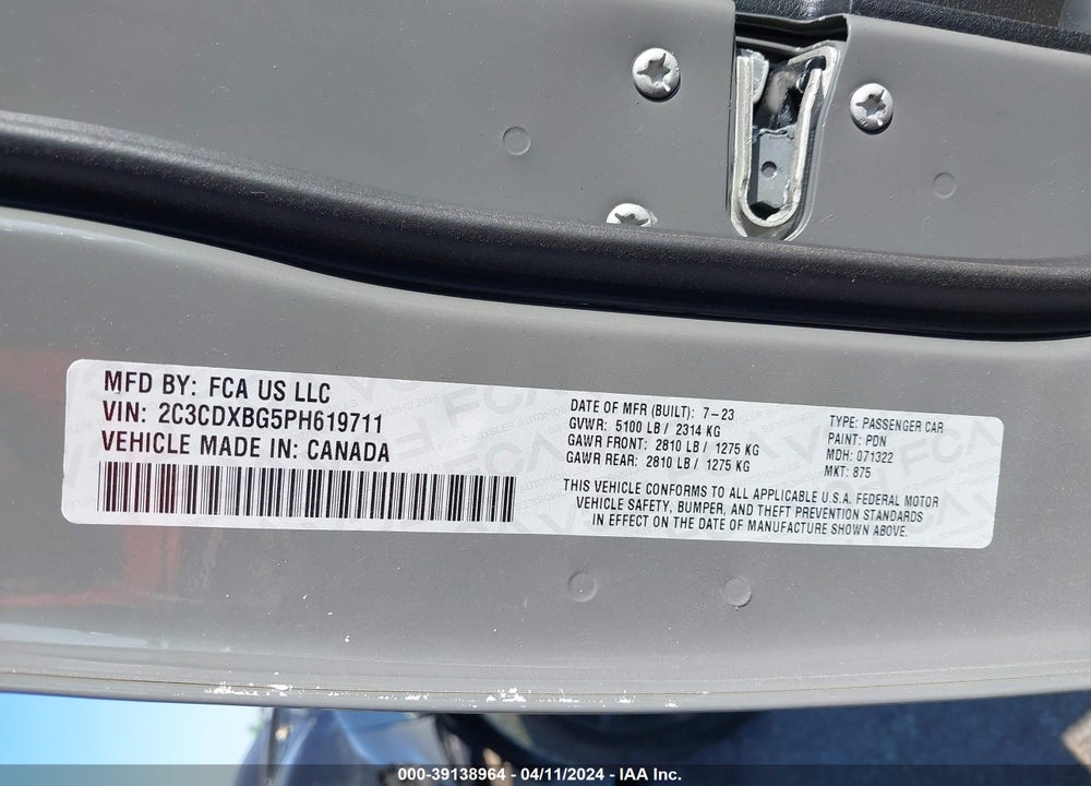 2023 DODGE CHARGER SXT VIN: 2C3CDXBG5PH619711