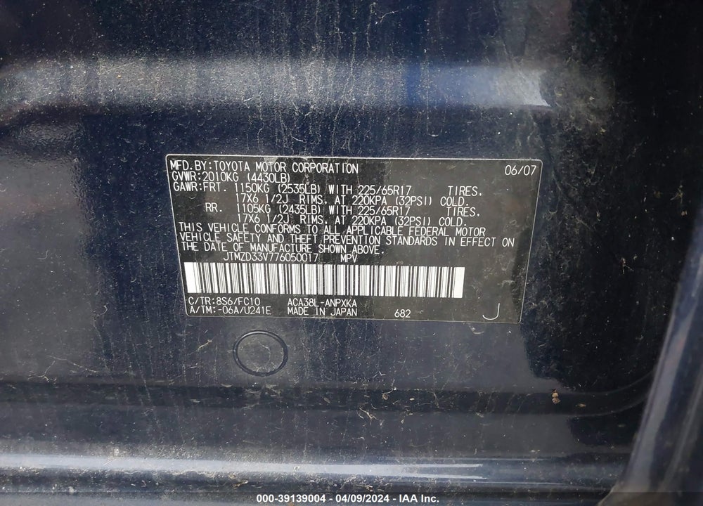 2007 TOYOTA RAV4 VIN: JTMZD33V776050017
