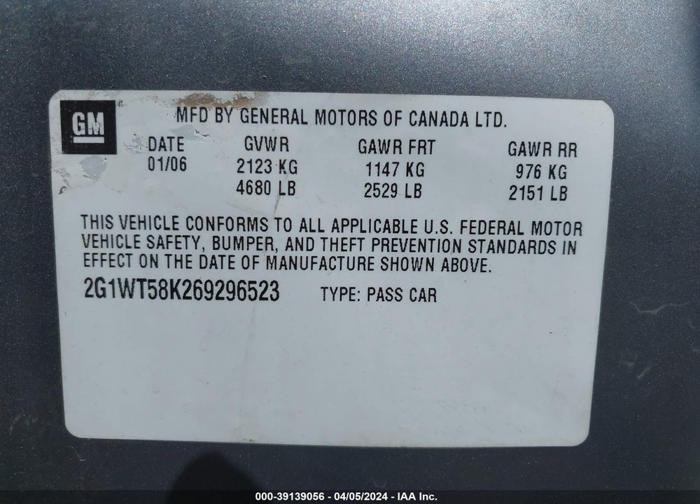 2006 CHEVROLET IMPALA LT VIN: 2G1WT58K269296523