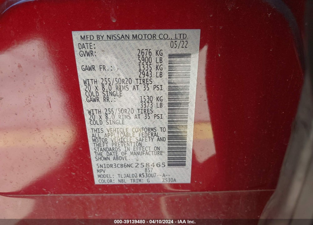 2022 NISSAN PATHFINDER SL 2WD VIN: 5N1DR3CB6NC258465