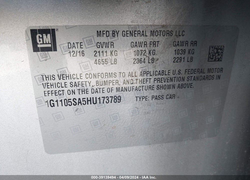 2017 CHEVROLET IMPALA 1LT VIN: 1G1105SA5HU173789