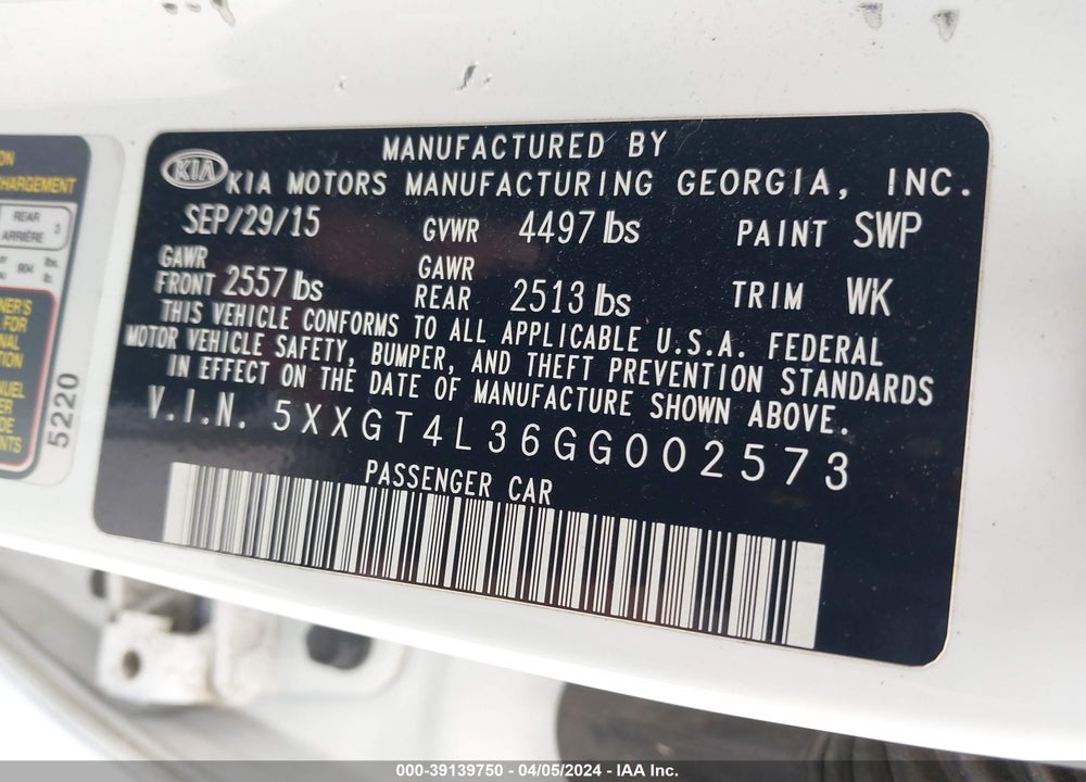 2016 KIA OPTIMA LX VIN: 5XXGT4L36GG002573