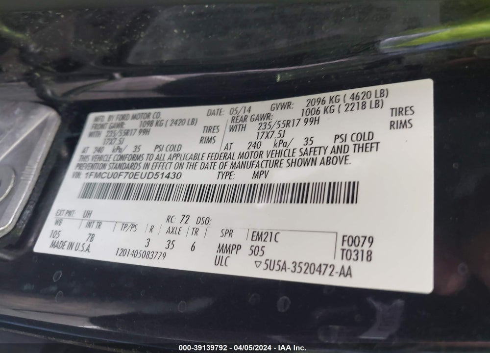 2014 FORD ESCAPE S VIN: 1FMCU0F70EUD51430