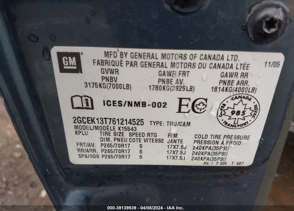 2006 CHEVROLET SILVERADO 1500 LS/LT1/LT2/LT3 VIN: 2GCEK13T761214525