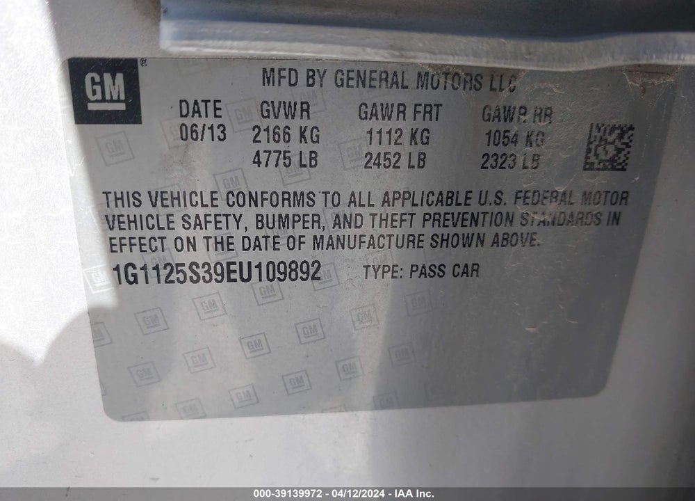 2014 CHEVROLET IMPALA VIN: 1G1125S39EU109892