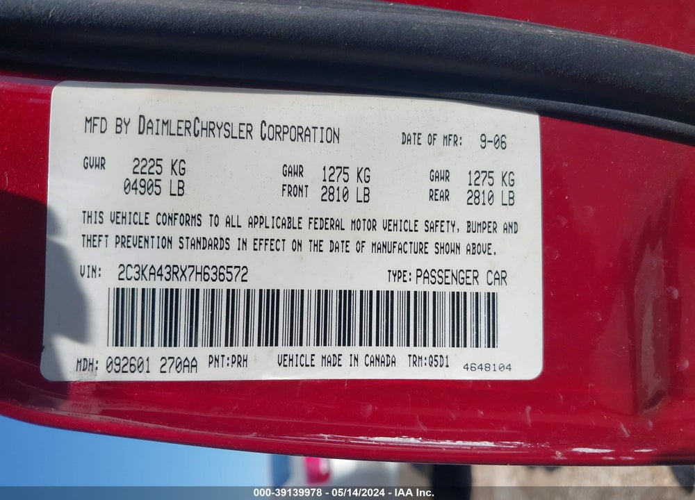 2007 CHRYSLER 300 VIN: 2C3KA43RX7H636572