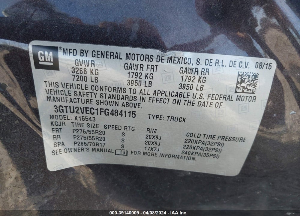 2015 GMC SIERRA 1500 SLT VIN: 3GTU2VEC1FG484115