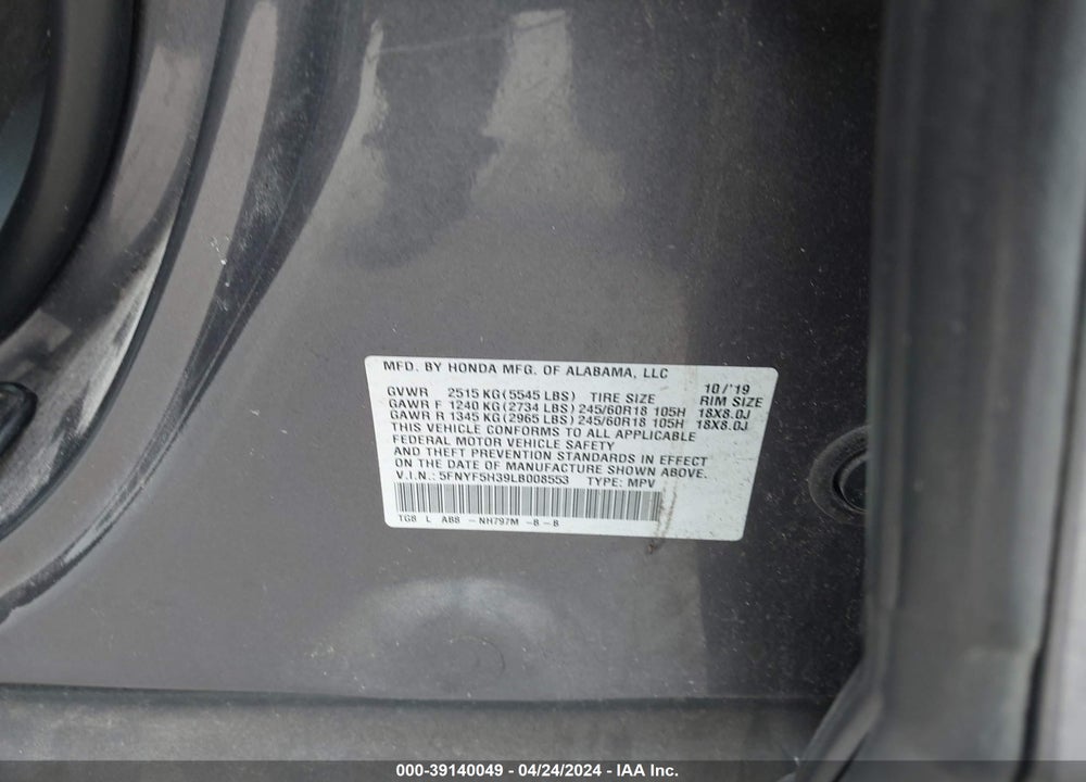 2020 HONDA PILOT EX VIN: 5FNYF5H39LB008553