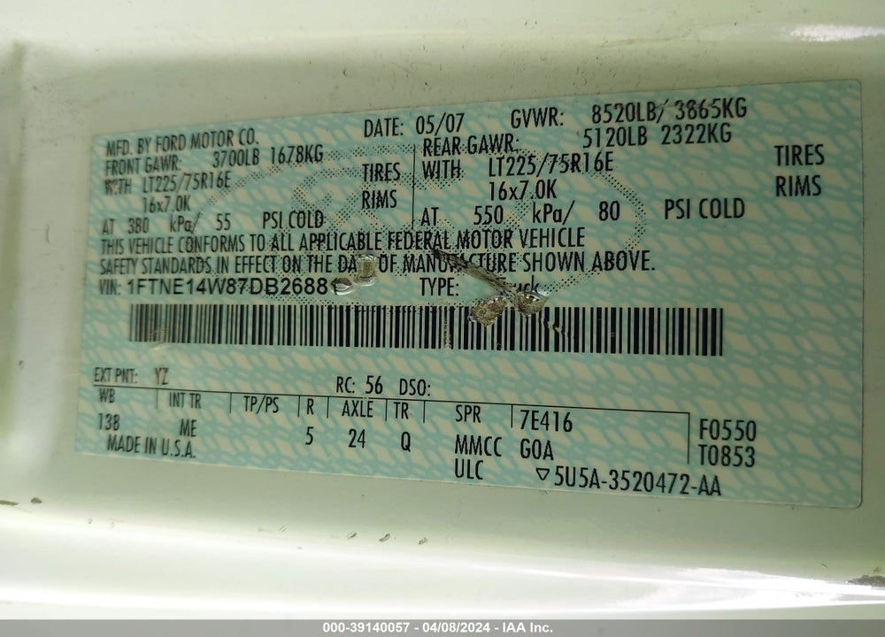 2007 FORD E-150 COMMERCIAL/RECREATIONAL VIN: 1FTNE14W87DB26881