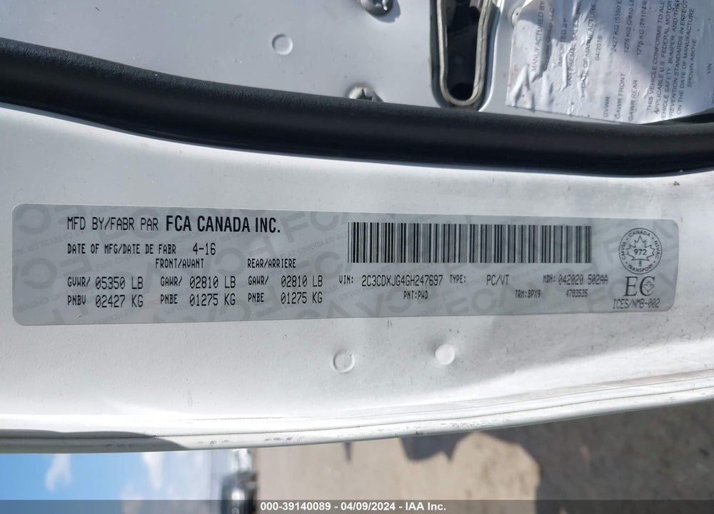 2016 DODGE CHARGER SXT VIN: 2C3CDXJG4GH247697