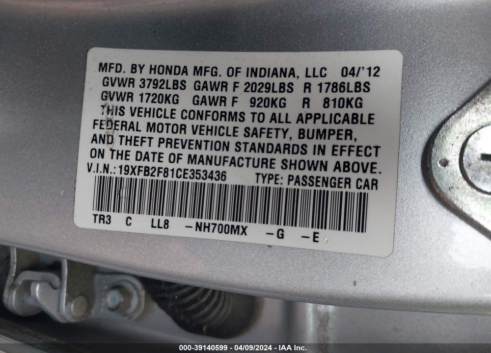 2012 HONDA CIVIC VIN: 19XFB2F81CE353436