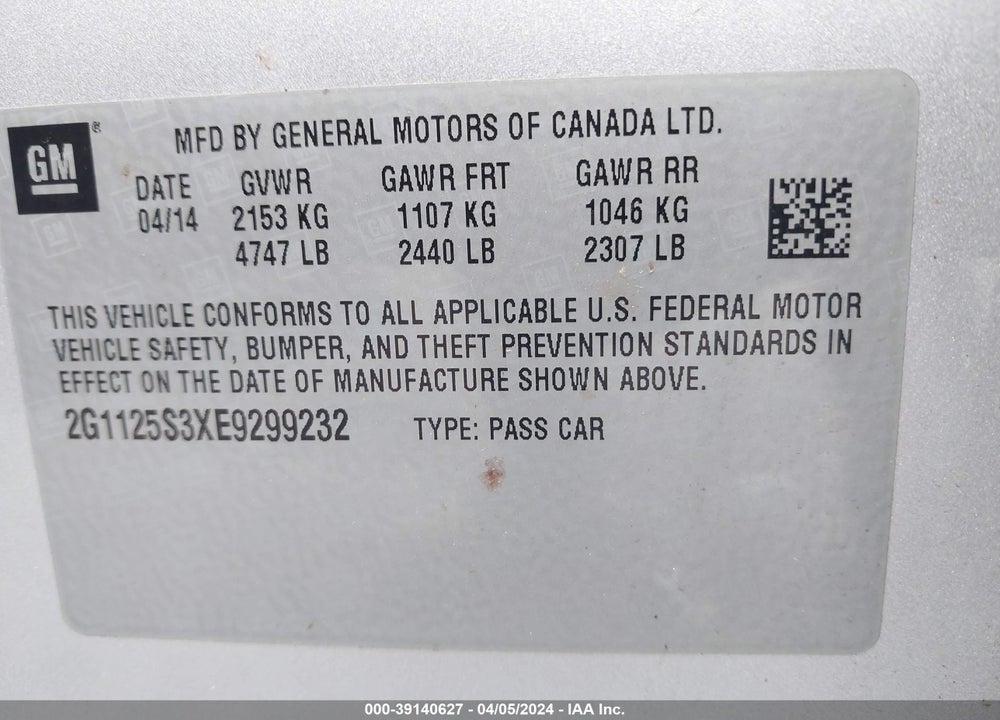 2014 CHEVROLET IMPALA 2LT VIN: 2G1125S3XE9299232