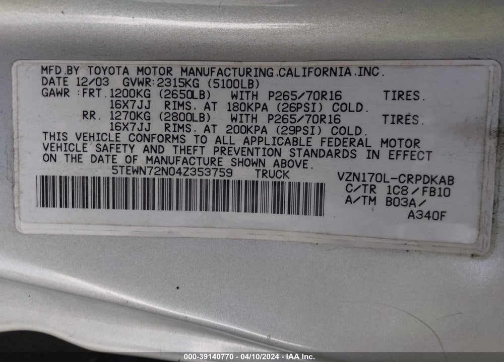 2004 TOYOTA TACOMA BASE V6 VIN: 5TEWN72N04Z353759