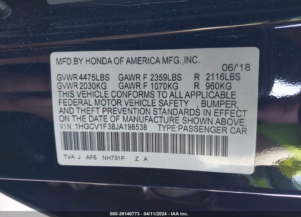 2018 HONDA ACCORD SPORT VIN: 1HGCV1F38JA198538