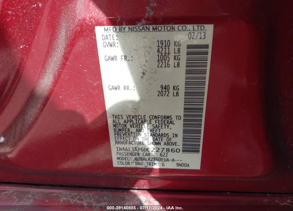 2013 NISSAN ALTIMA 2.5 S VIN: 1N4AL3AP6DC227860