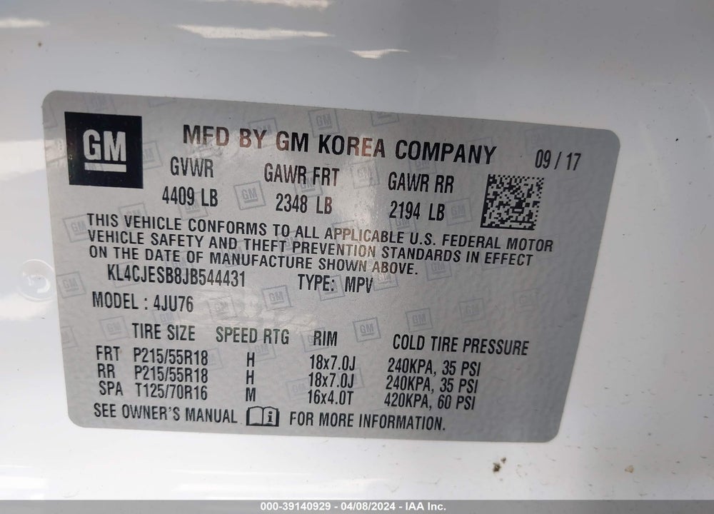 2018 BUICK ENCORE VIN: KL4CJESB8JB544431