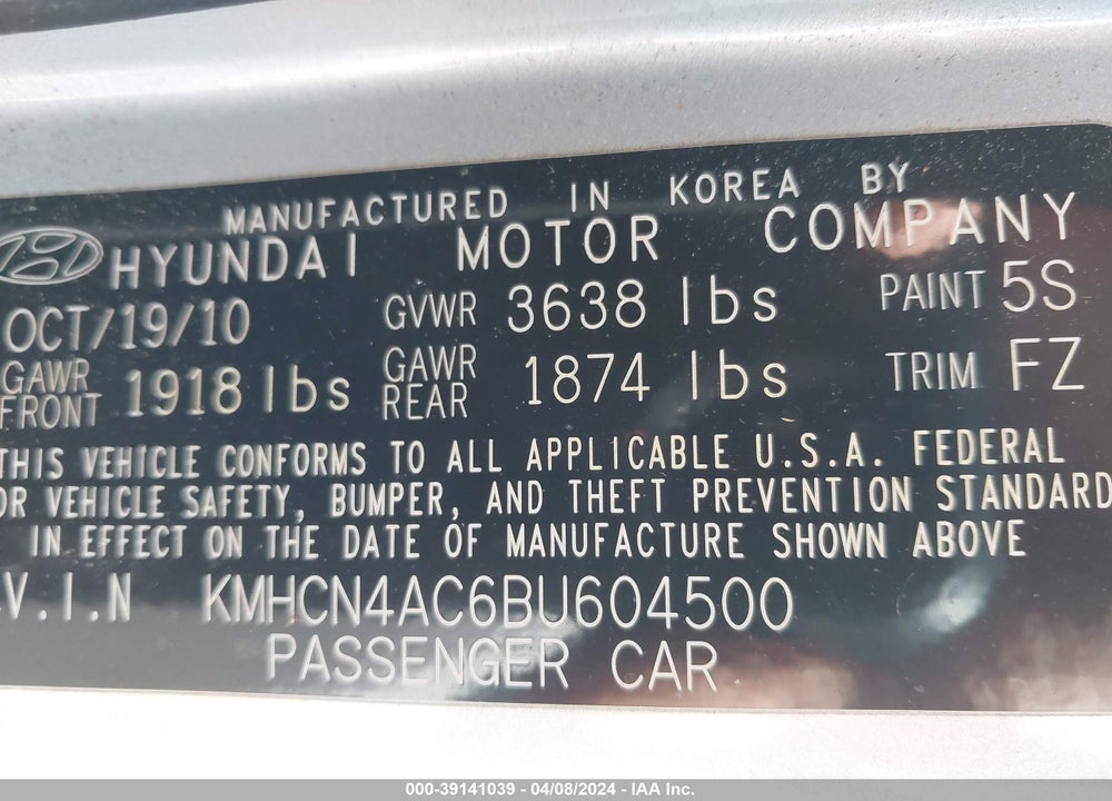 2011 HYUNDAI ACCENT GLS VIN: KMHCN4AC6BU604500