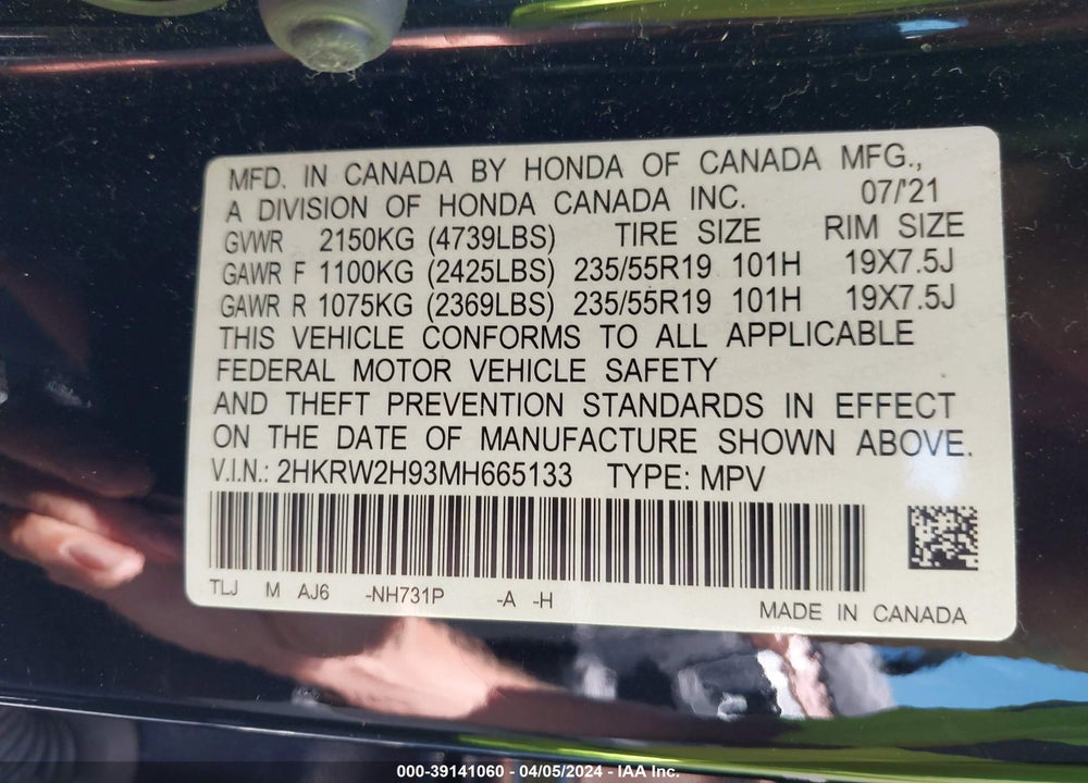2021 HONDA CR-V AWD TOURING VIN: 2HKRW2H93MH665133