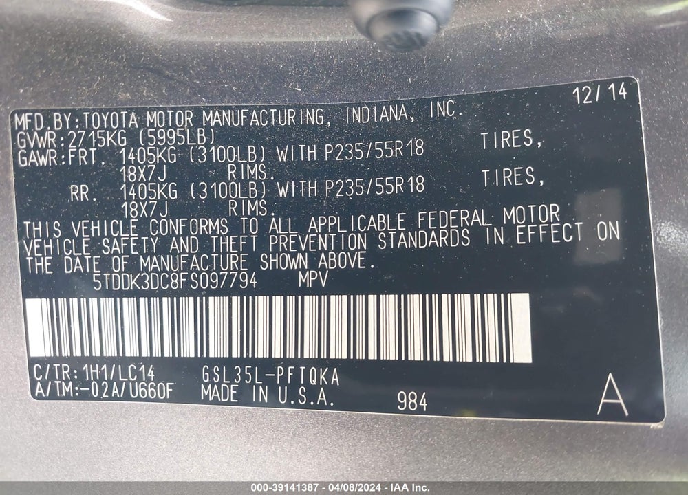 2015 TOYOTA SIENNA XLE PREMIUM 7 PASSENGER VIN: 5TDDK3DC8FS097794