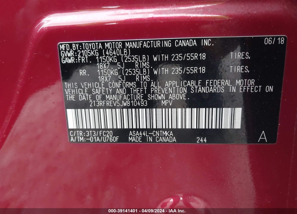 2018 TOYOTA RAV4 ADVENTURE VIN: 2T3RFREV5JW810493