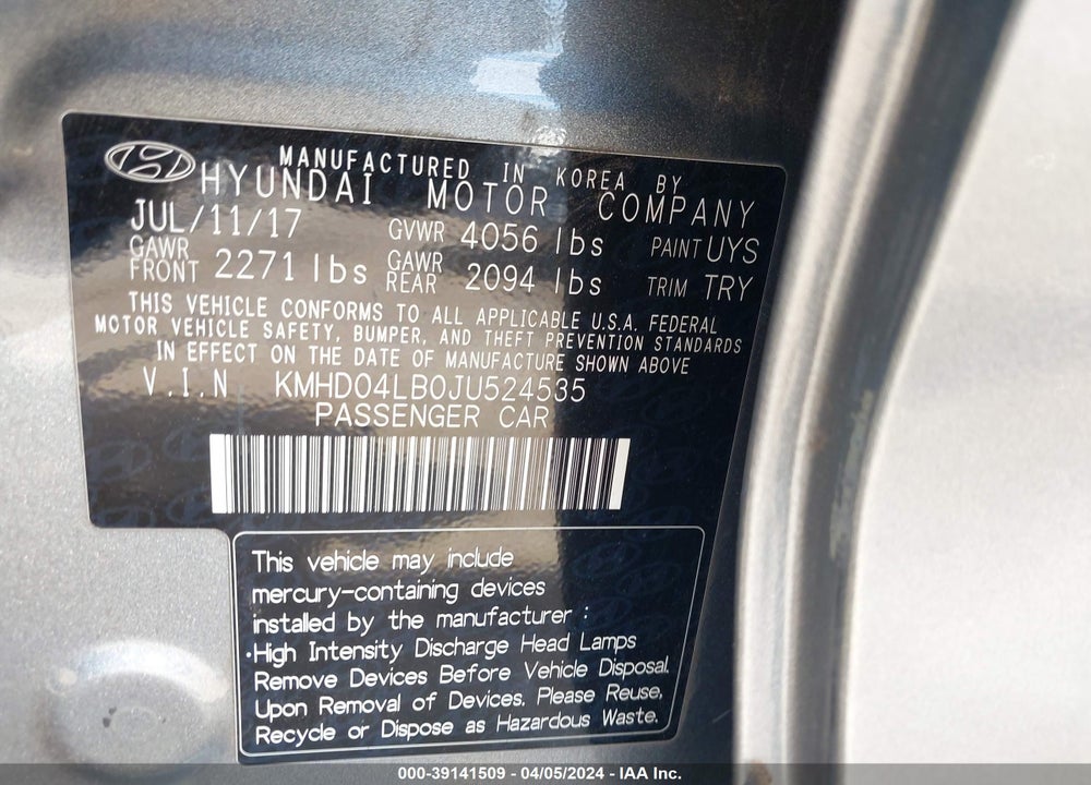 2018 HYUNDAI ELANTRA SPORT VIN: KMHD04LB0JU524535
