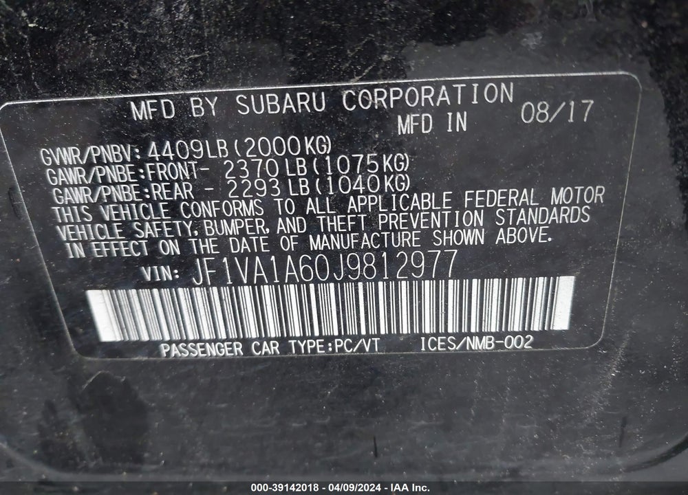 2018 SUBARU WRX VIN: JF1VA1A60J9812977