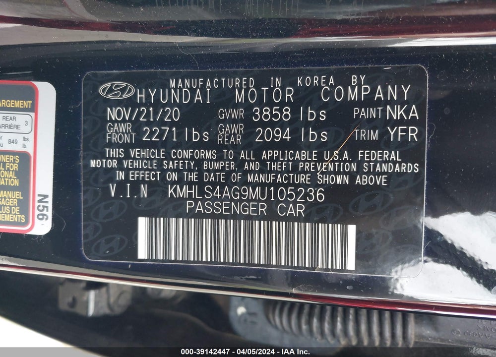 2021 HYUNDAI ELANTRA SEL VIN: KMHLS4AG9MU105236