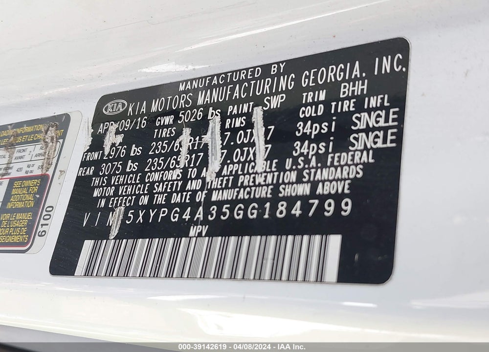 2016 KIA SORENTO 2.4L LX VIN: 5XYPG4A35GG184799