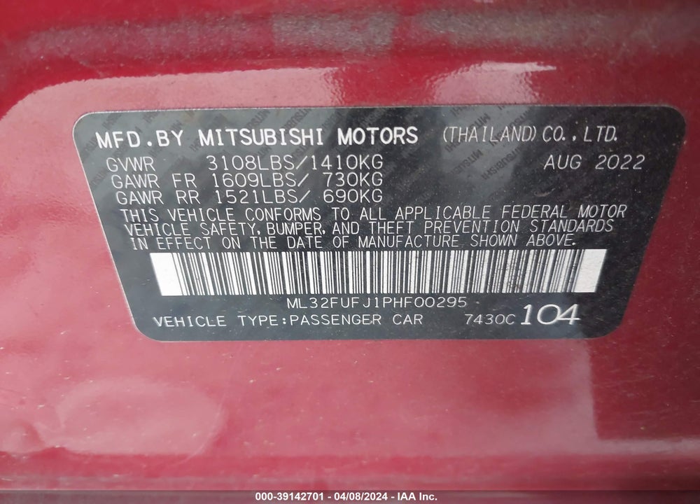 2023 MITSUBISHI MIRAGE G4 BLACK EDITION/ES/LE VIN: ML32FUFJ1PHF00295