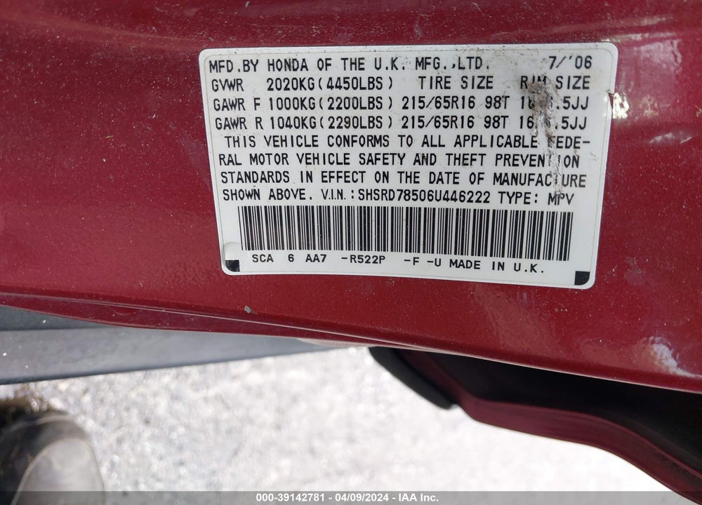 2006 HONDA CR-V LX VIN: SHSRD78506U446222