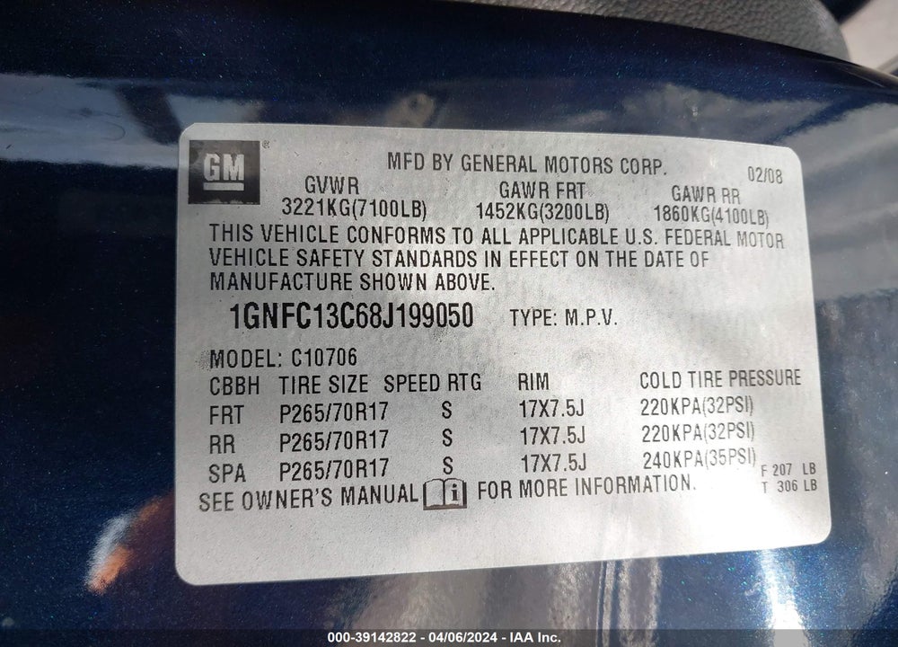 2008 CHEVROLET TAHOE LS VIN: 1GNFC13C68J199050