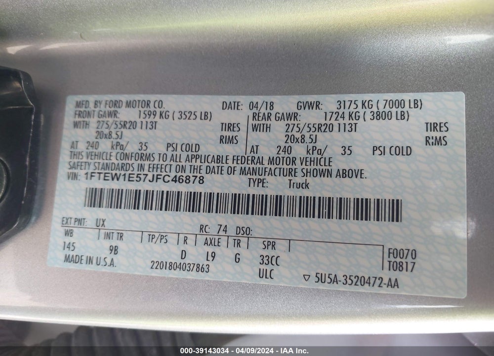 2018 FORD F-150 PLATINUM VIN: 1FTEW1E57JFC46878