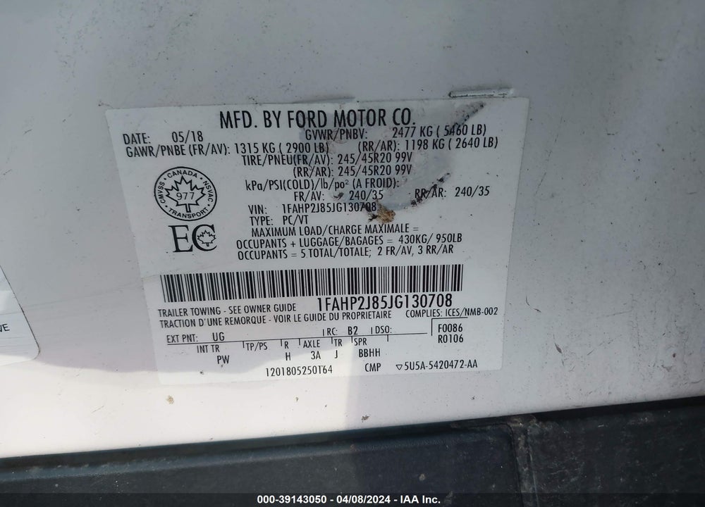 2018 FORD TAURUS LIMITED VIN: 1FAHP2J85JG130708