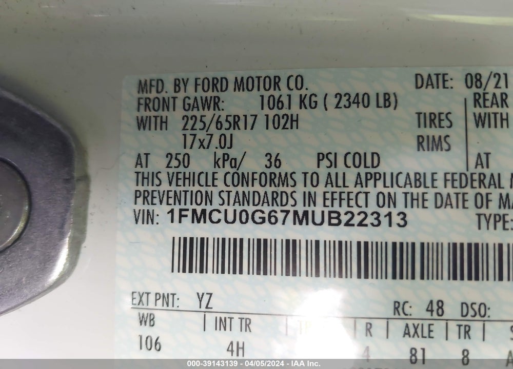 2021 FORD ESCAPE SE VIN: 1FMCU0G67MUB22313