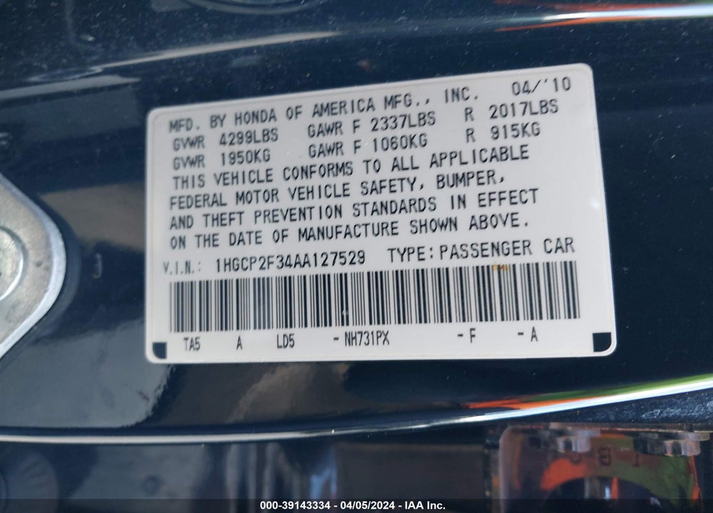 2010 HONDA ACCORD 2.4 LX VIN: 1HGCP2F34AA127529