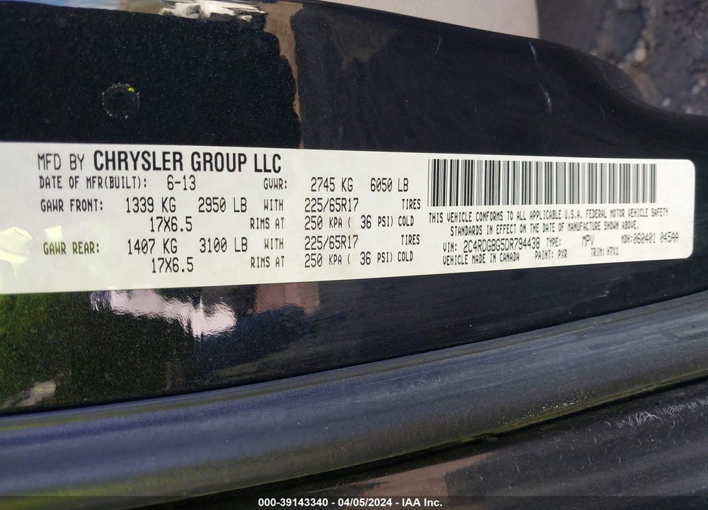 2013 DODGE GRAND CARAVAN AMERICAN VALUE PKG VIN: 2C4RDGBG5DR794438