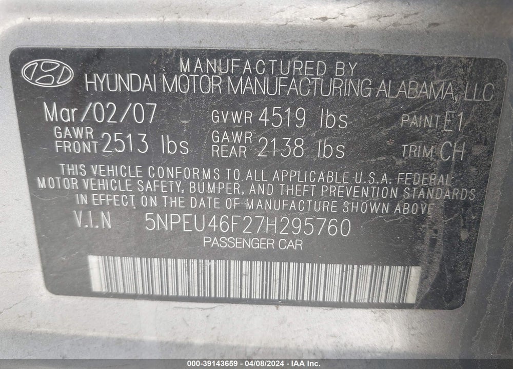 2007 HYUNDAI SONATA LIMITED/SE V6 VIN: 5NPEU46F27H295760