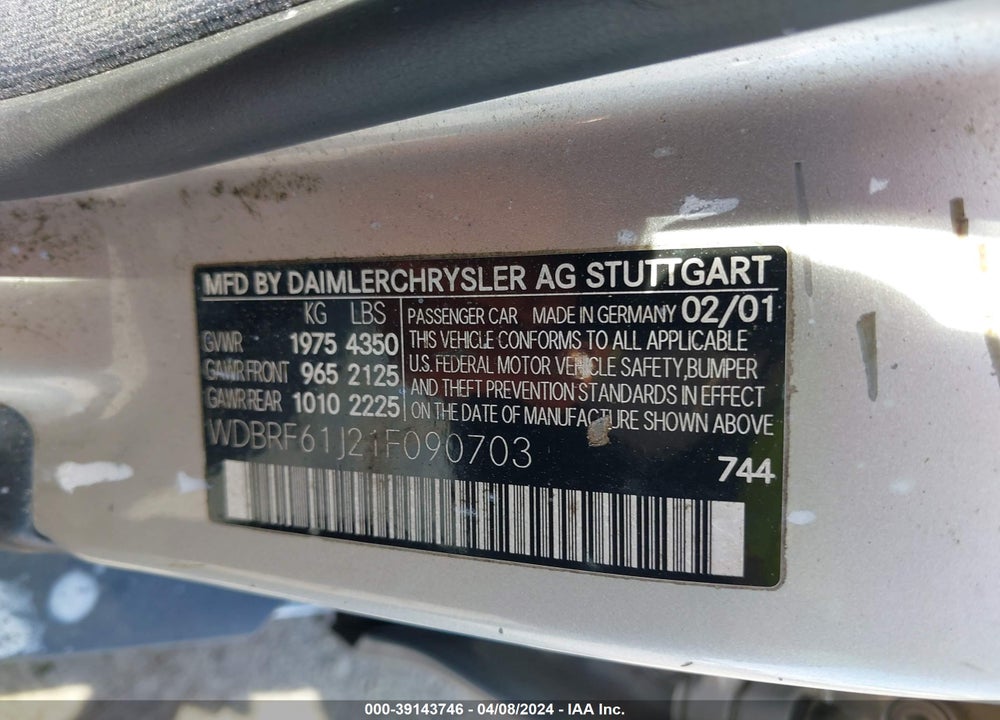 2001 MERCEDES-BENZ C 240 VIN: WDBRF61J21F090703