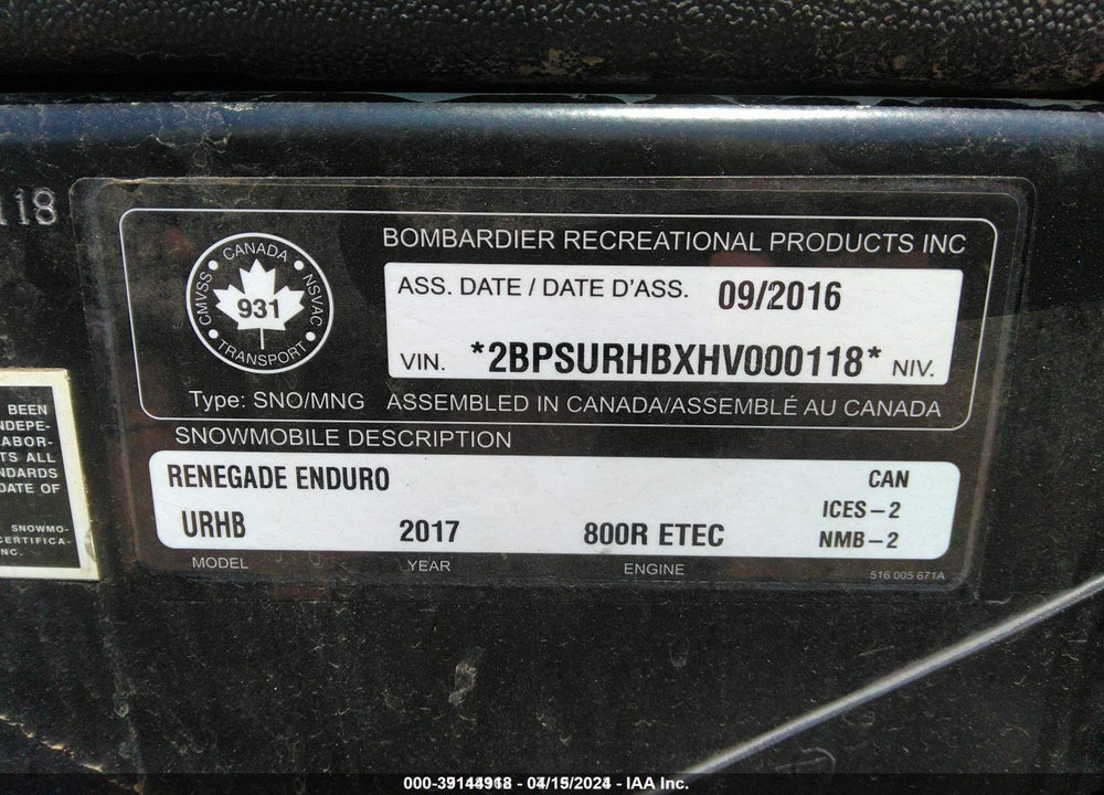 2017 SKI DOO OTHER VIN: 2BPSURHBXHV000118