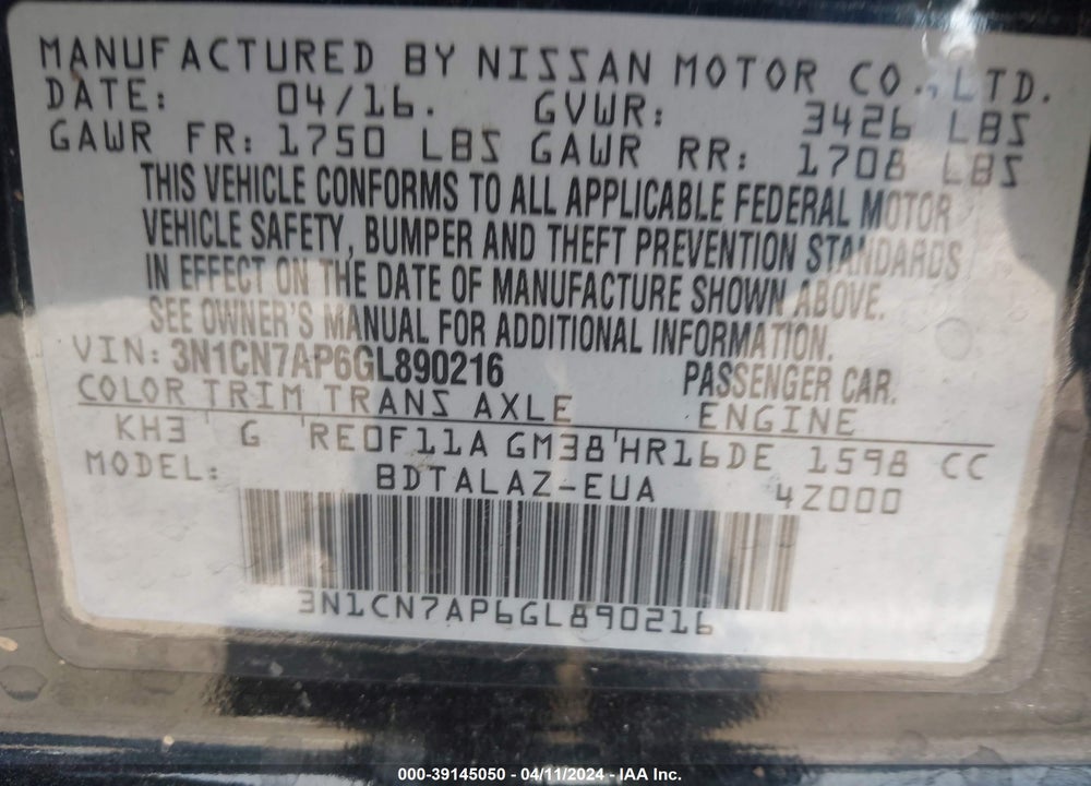 2016 NISSAN VERSA 1.6 S+ VIN: 3N1CN7AP6GL890216